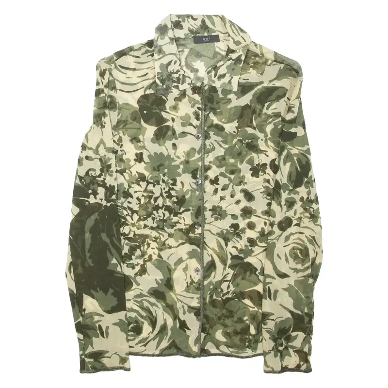 OUI Sheer Womens Printed Top Green Collared Long Sleeve Floral S