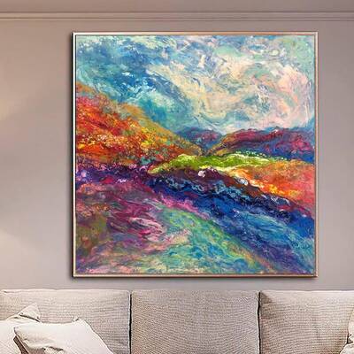 Colorful Landscape Painting Abstract Field Art Pasty Painting on Canvas Palette Knife Wall Art Textured Artwork Marble Art | ...