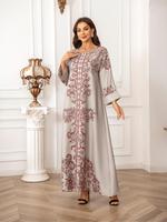 Women's Ethnic Pattern Faux Pearl Decor Long Dress, Boho Long Sleeve Round Neck Longsleeves Dress for Vacation Holiday Weddin...
