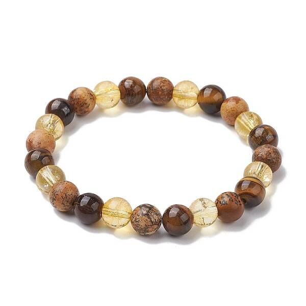 8mm Round Natural Tiger Eye & Picture Jasper