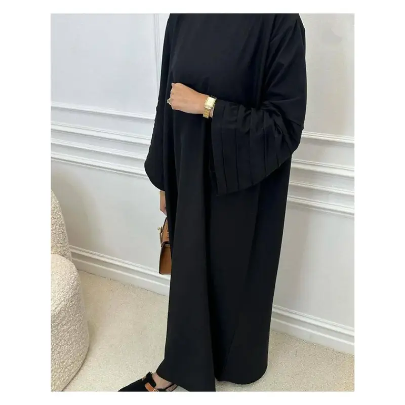 Men's Plus Size Black Polyester Robe with Pleated Sleeves and Belt - Middle Eastern Style Loose Kaftan Dress for All Seasons,...
