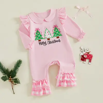 Infant Baby Girl Christmas Romper Long Sleeve Doll Collar Christmas Tree Embroidery Jumpsuit 0-18 Months