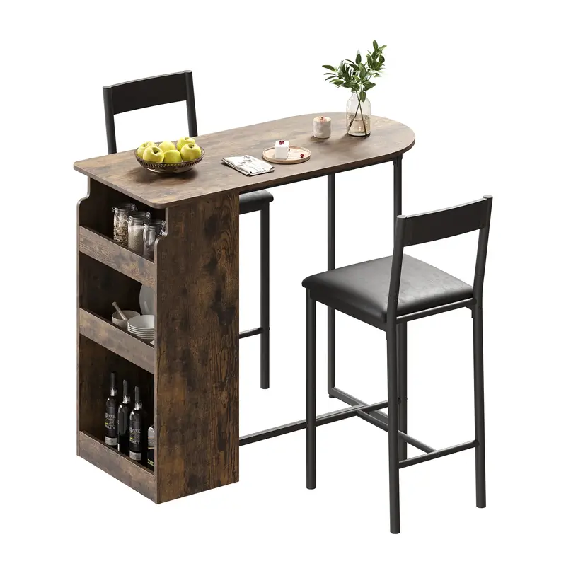 Garvee Bar Table and Chairs Set, Pub Table and Chairs Set for 2, 3 Piece Table Set with Three Tier Storage Shelf for Living R...