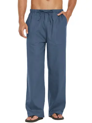 Linen Style Elastic Waist Yoga Pants (US Only), Denim Blue / S