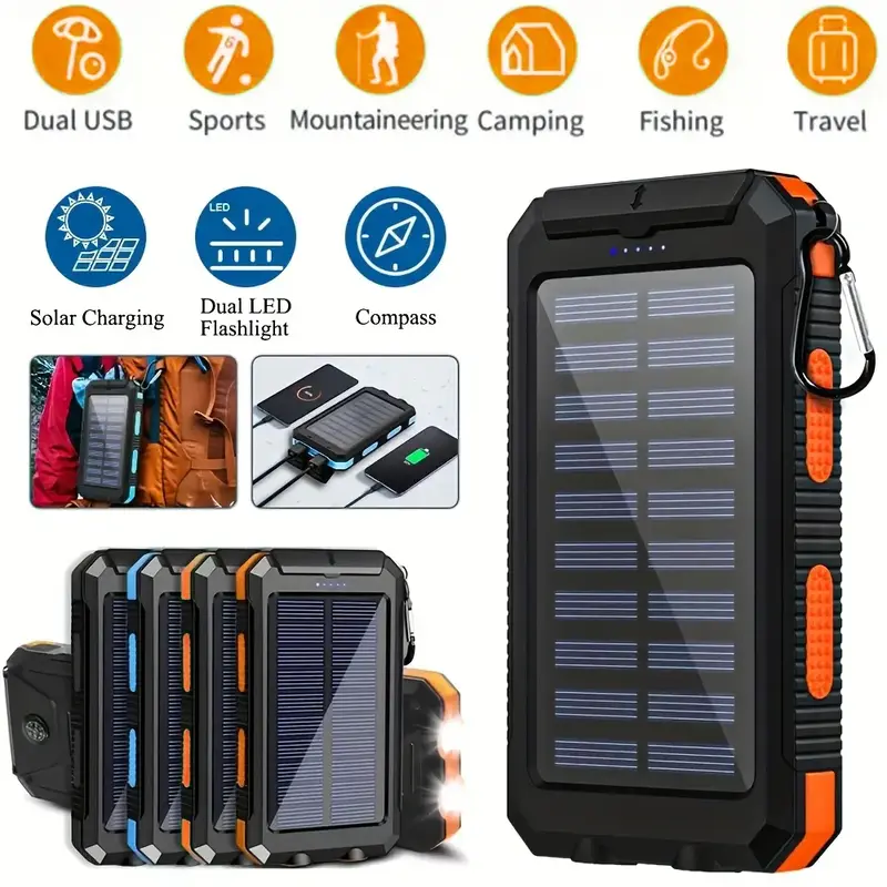 [Best Gift|Solar Power] 10000mAh Large Capacity Portable Charger | 1pc Solar Power Bank Dual 5V USB Ports Output with LED Fla...