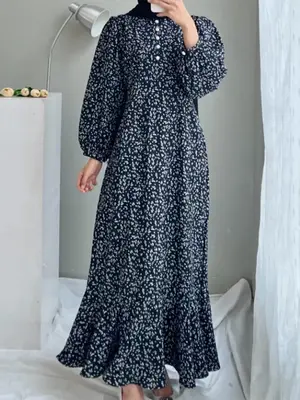 Women's Ditsy Floral Print Button Front Ruffle Hem A Line Arabian Dress, Casual Bishop Sleeve Long Sleeve Long Dress for Fall...