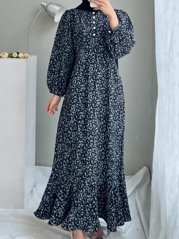 Women's Ditsy Floral Print Button Front Ruffle Hem A Line Arabian Dress, Casual Bishop Sleeve Long Sleeve Long Dress for Fall...