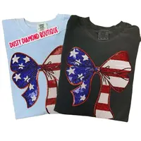 Sequin Patriotic Bow Comfort Color T Shirt Top Womenswear