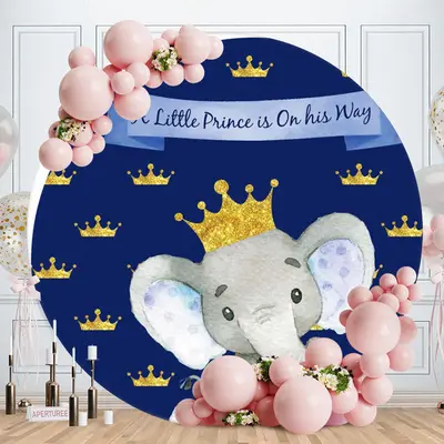 Aperturee Elephant And Golden Crown Circle Baby Shower Backdrop