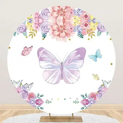 Round Butterfly Colorful Floral Birthday Backdrop - Aperturee