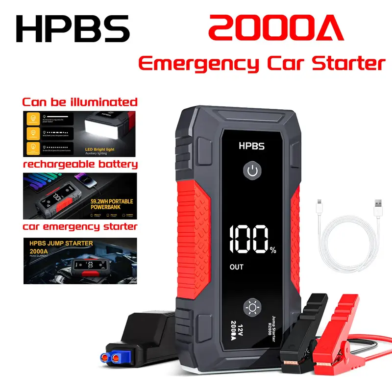 【HPBS】Portable Car Jump Starter with 20000mAh Power Bank 2000A Peak Current & LED Light Essential Vehicle Emergency Kit E...