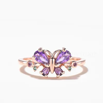 Mixed Cut Natural Amethyst Engagement Ring Butterfly Nature Inspired Ring