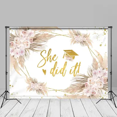 Boho Floral She Did It Grad Photography Backdrop - Aperturee
