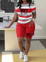 Two-piece Set Women's Striped Letter Print Short Sleeve Tee & Elastic Waist Shorts Set, Casual Round Neck T-shirt & Skinny Sh...
