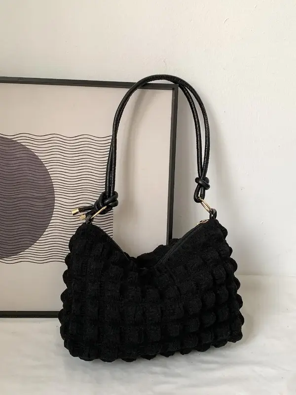 Women's Textured Knot Design Tote Bag, Fashion Plush Underarm Handbag, Casual Quilted Shoulder Purse for Work & Daily Used, U...