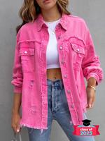 Women's Pocket Ripped Raw Hem Coat, Chic Casual Button Front Drop Shoulder Outerwear, Ease Of Wear, Going Out Tops, Minimalis...