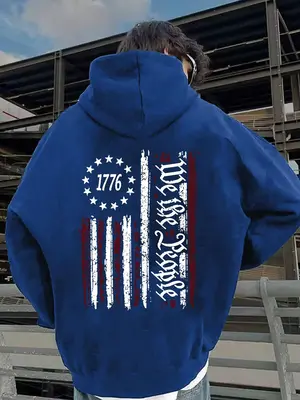 Men's American Flag Print Drop Shoulder Hoodie, Regular Fit Fashion Casual Drawstring Pocket Hooded Sweatshirt for Daily Hol...