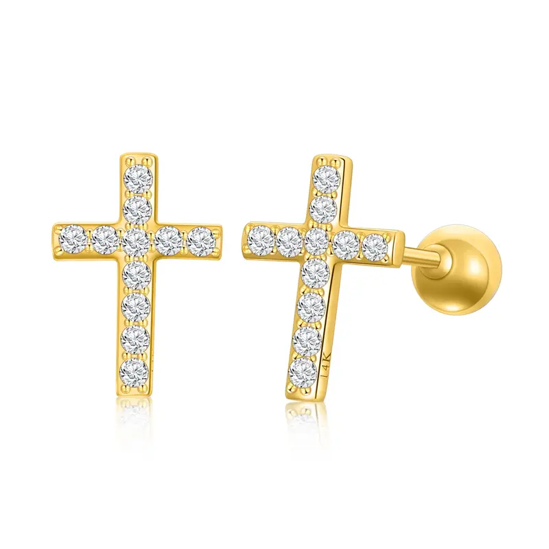 14K Gold Moissanite Cross Stud Earrings