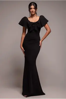 Goddiva Cape Sleeve Detail Front Tie Maxi Dress - Black