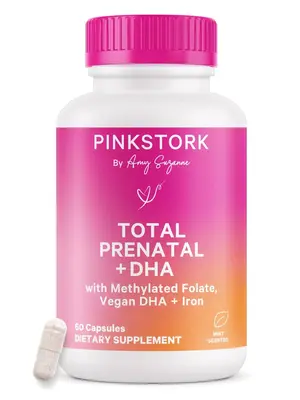 Pinkstork by Amy Suzanne Total Prenatal Vitamins with Methylated Folate Vegan DHA & Iron 60 Capsules Mint Scented Natural Sup...