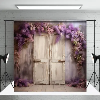 Painted Shabby Door Purple Floral Photo Backdrop - Aperturee