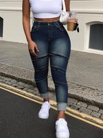 【Plus Size】 Raw Hem Pocket Denim Jeans, Casual Comfy Slim-fitting Trousers for Daily Wear, Streetwear Jeggings, Women's B...