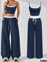 Two-piece Set Women's Colorblock 2 in 1 Cami Top & Wide Leg Pants Set, Casual Sleeveless Top & Pocket Trousers, Ladies Summer...