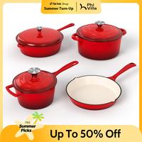 KITCHEN ACADEMY Enamel Cast Iron 7 Piece Cookware Set, Dutch Oven Pot with Lid, Red Non Stick Pots and Pans set, Oven Safe up...