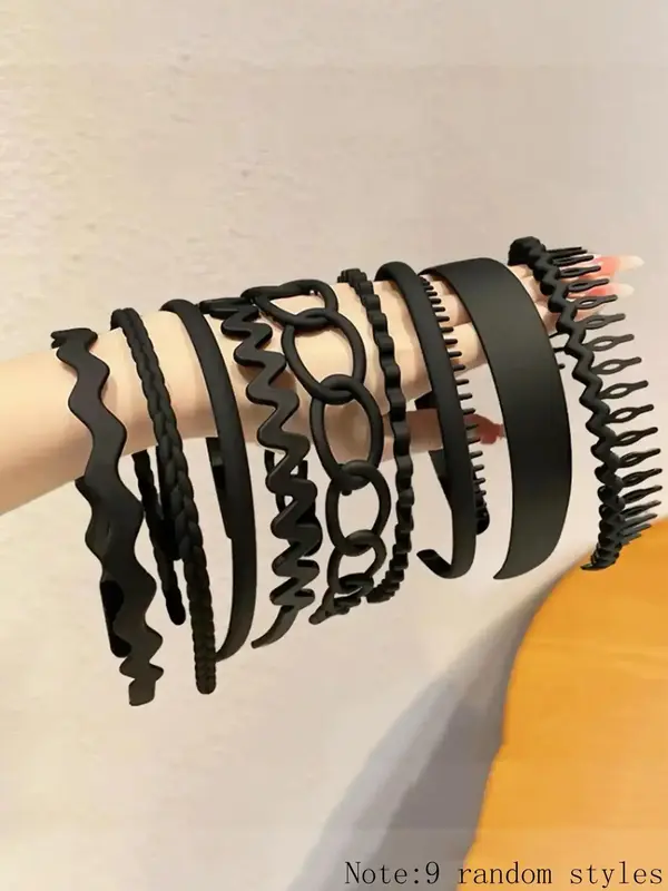 9pcs/set Women's Casual Plain Color Wave Design Hair Hoop, Toothed Non-slip Headband, Daily Casual Versatile Hair Accessories...