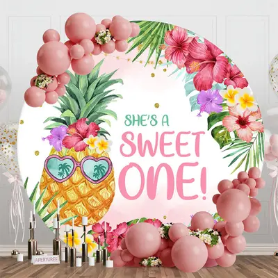 Floral Leaves Pineapple Round 1st Birthday Backdrop - Aperturee