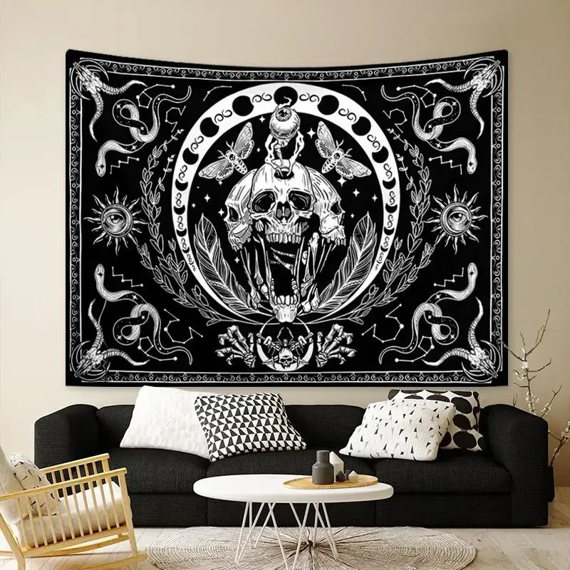 Skeleton Tapestry, 1 Count Skull Wall Hanging Snake Moth Wall Towel, Aesthetic Wall Art Decor Hippie Tapestry for Bedroom Liv...