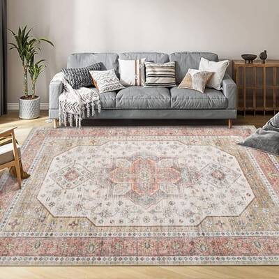 Garvee Washable Floral Print Area Rug, 8x10 Traditional Vintage Boho Indoor Carpet, Non-Shedding Low Pile Floor Mat with Non-...