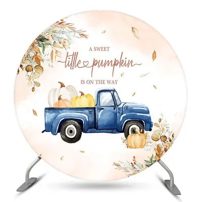 Aperturee Leaves Pumpkin Blue Truck Round Baby Shower Backdrop | Round Backdrop Baby Shower | Round Party Backdrop | Circle B...