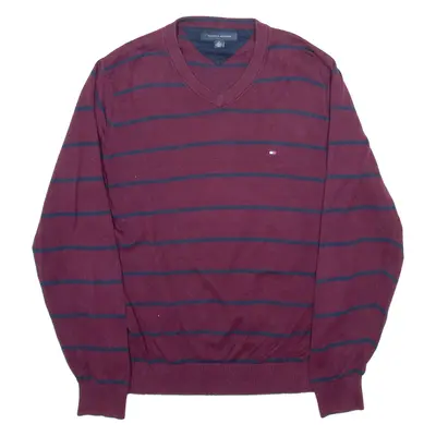 TOMMY HILFIGER Mens Patterned Jumper Maroon Striped V-Neck Tight Knit M