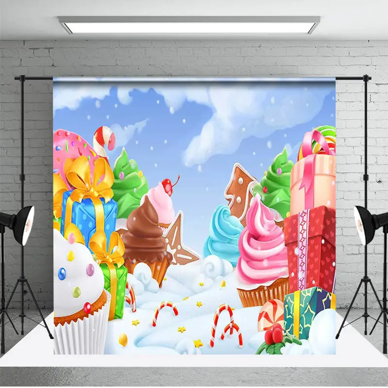 Aperturee Colorful Gifts Cupcakes Snowy Christmas Backdrop - Aperturee