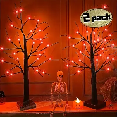 2-Piece Set, Halloween Tree Lights, 24-inch, Orange and Purple Glow, 24 LEDs, USB + Battery Powered, Halloween Decor, Suitabl...