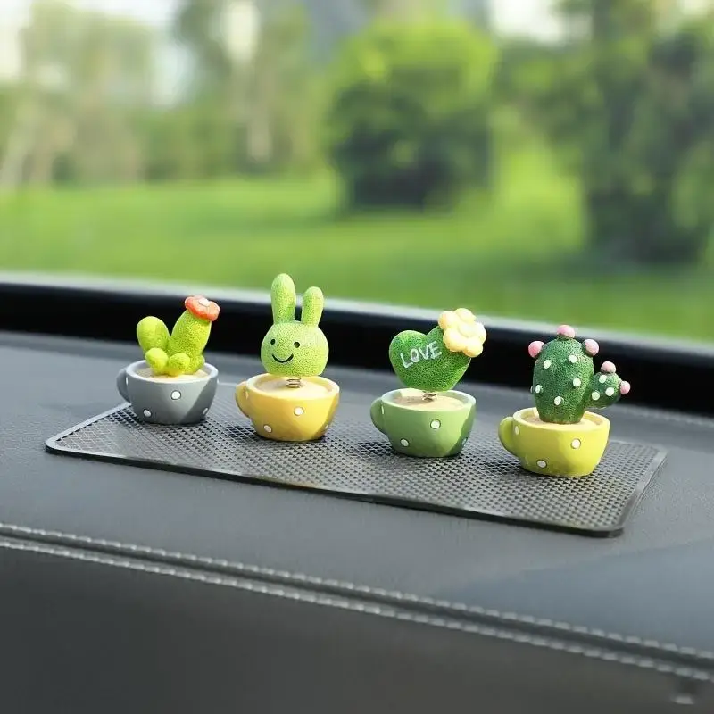 Cute Cartoon Shaking Head Plant Car Decoration, Mini Potted Cactus Car Ornament, Mug Design Car Interior Decor for Home Offic...