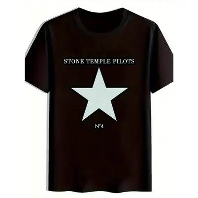 Stone Temple Pilots Graphic Tee - Men's Black Short Sleeve Crewneck T-Shirt with White Star Print Design, Casual Summer Polye...