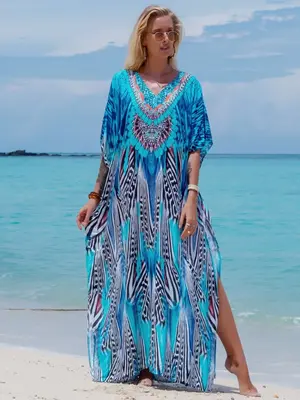 EDOLYNSA kaftans for woman muslim dress daily wear printing bathrobe relaxed Homewear cozy beach wear vacation Boho party ver...