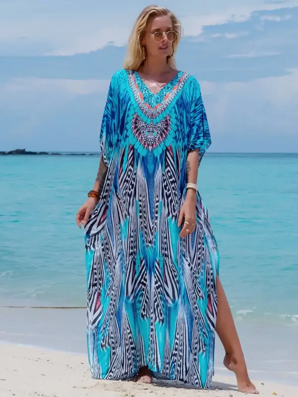 EDOLYNSA kaftans for woman muslim dress daily wear printing bathrobe relaxed Homewear cozy beach wear vacation Boho party ver...