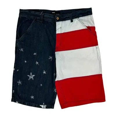 American Flag Qruel Graphic Denim Shorts - 40W 13L Blue Cotton