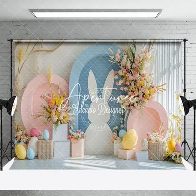 Aperturee Pink Blue Arch Bunny Floral Eggs Easter Backdrop, 3X2FT(1MX0.6M), 14 USD, easter backdrops, ENHD3J74-M
