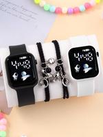 Cute Square Digital Watch & Astronaut Charm Magnetic Bracelet Set, Without Box, Fashion Couple Watch Set for Party, Daily De...