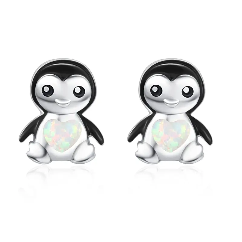 Sterling Silver Heart Shaped Opal Penguin Stud Earrings