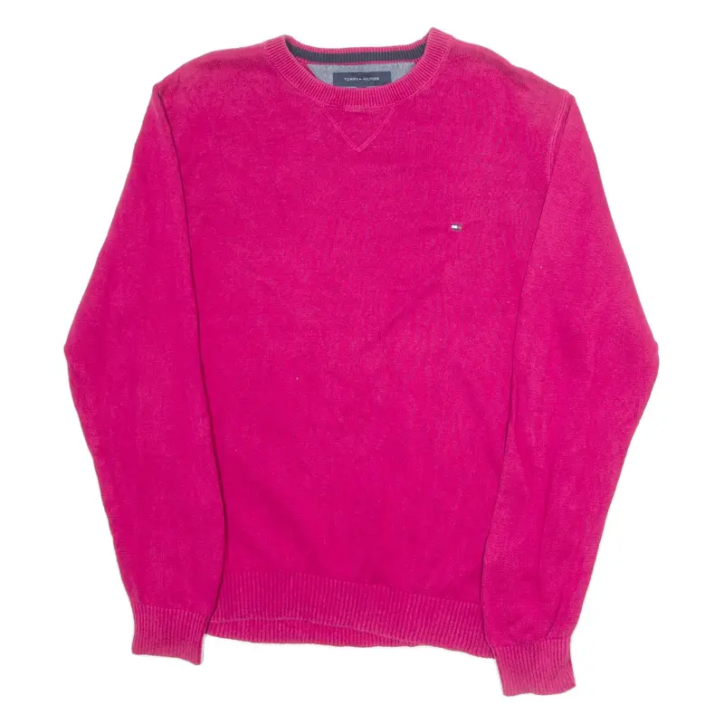 TOMMY HILFIGER Mens Jumper Pink Crew Neck Tight Knit L