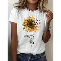 Women's Sunflower and Butterfly Graphic T-Shirt - Casual Gray Short Sleeve Top, Perfect for Spring & Summer Fashion, Sunflowe...
