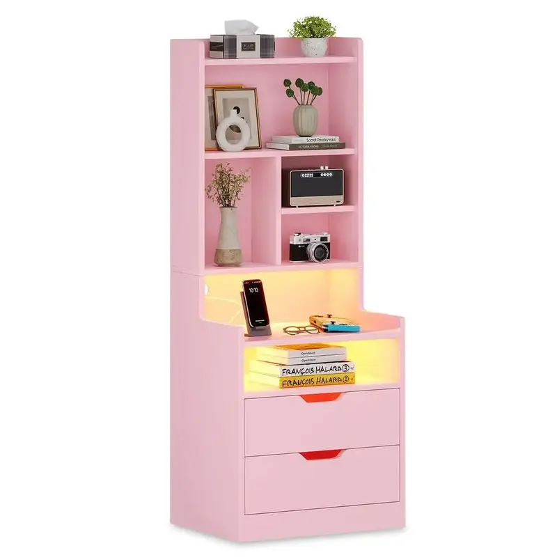 Sikaic LED Tall Nightstand with Bookshelf Charging Station Pink Modern Bedside Table with 2 Storage Drawers and Open Storage ...