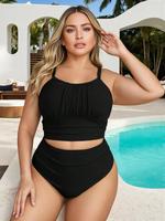【Plus Size】 Two-piece Set Solid Color Tankini Set, Boho Sleeveless Swim Top & Swim Bottom Swimsuit for Beach Holiday Vaca...
