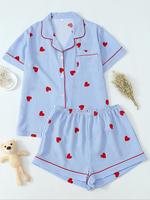 Women's Heart Print Short Sleeve Shirt & Shorts Pyjama, Cute Comfy PJ Set for Women, Women's Sleepwear for Summer, Loungewear