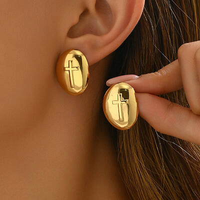 Stainless Steel Classic Oval with Cross Stud Earrings